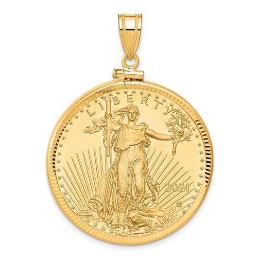 10K Yellow Gold Wideband Distinguished Coin Jewelry Polished And Diamond-Cut Mounted 1Oz American Eagle Screw Top Bezel Pendant