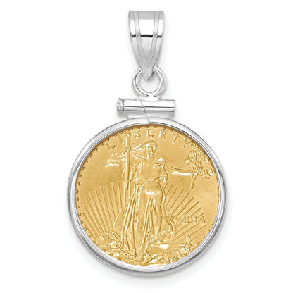 14K White Gold Wideband Distinguished Coin Jewelry Polished Mounted 1/10Oz American Eagle Screw Top Bezel Pendant