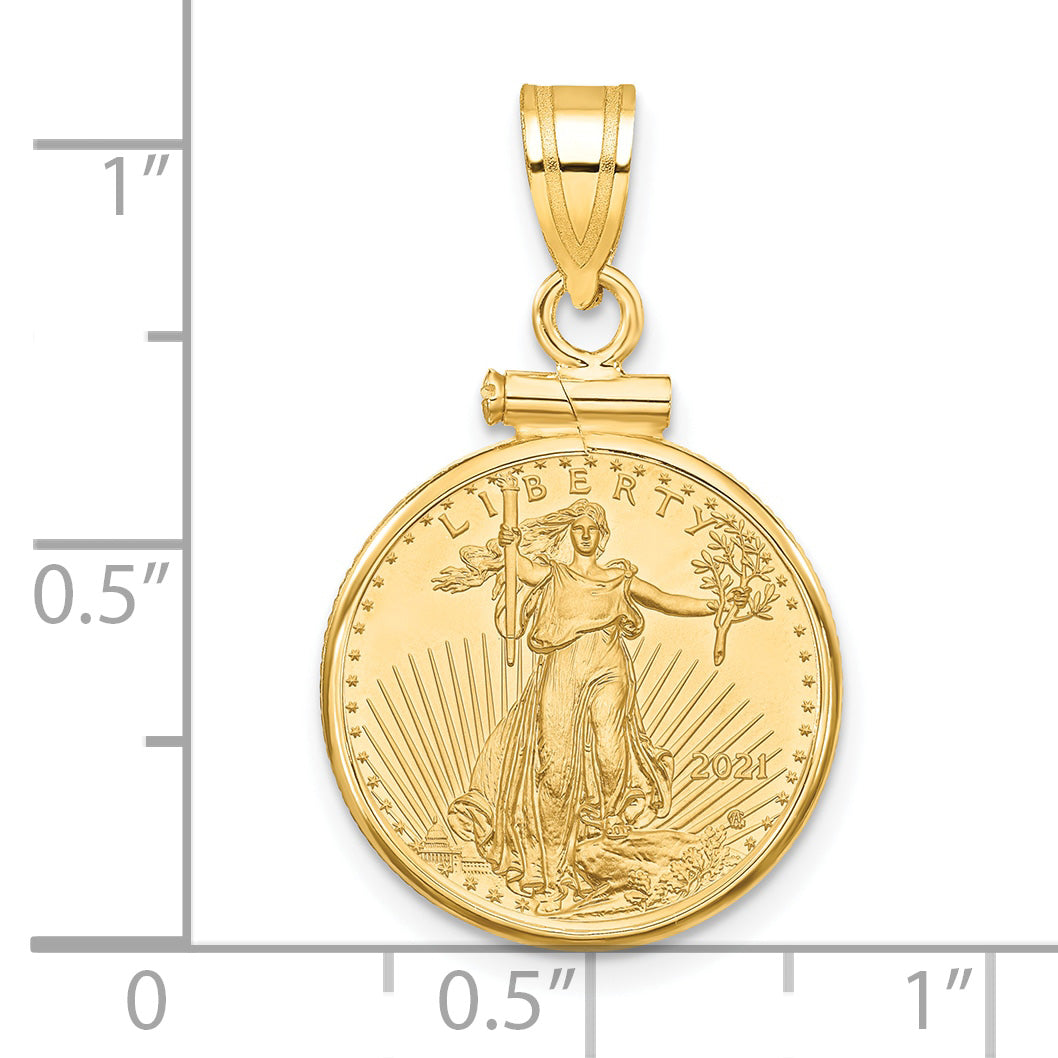 10K Yellow Gold Wideband Distinguished Coin Jewelry Polished Mounted 1/10Oz American Eagle Screw Top Bezel Pendant