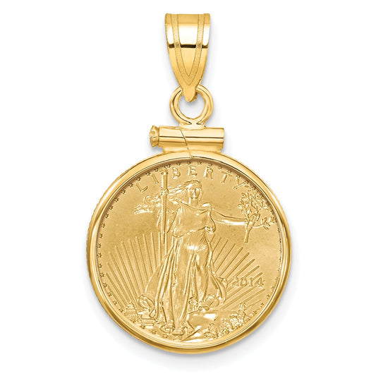 14K Yellow Gold Wideband Distinguished Coin Jewelry Polished Mounted 1/10Oz American Eagle Screw Top Bezel Pendant