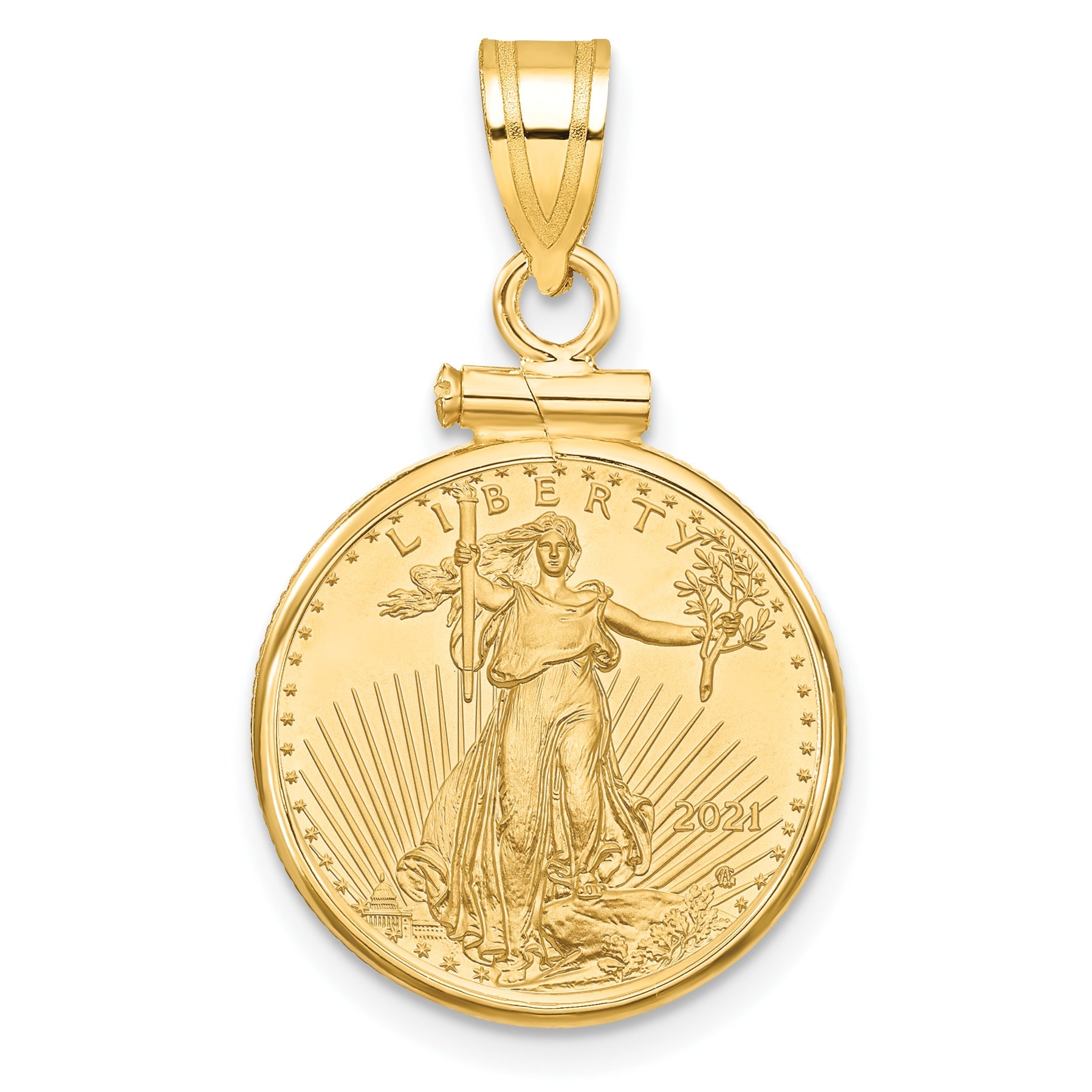 10K Yellow Gold Wideband Distinguished Coin Jewelry Polished Mounted 1/10Oz American Eagle Screw Top Bezel Pendant