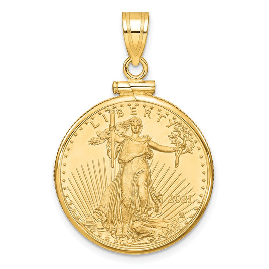 14K Yellow Gold Wideband Distinguished Coin Jewelry Polished Mounted 1/4Oz American Eagle Screw Top Bezel Pendant