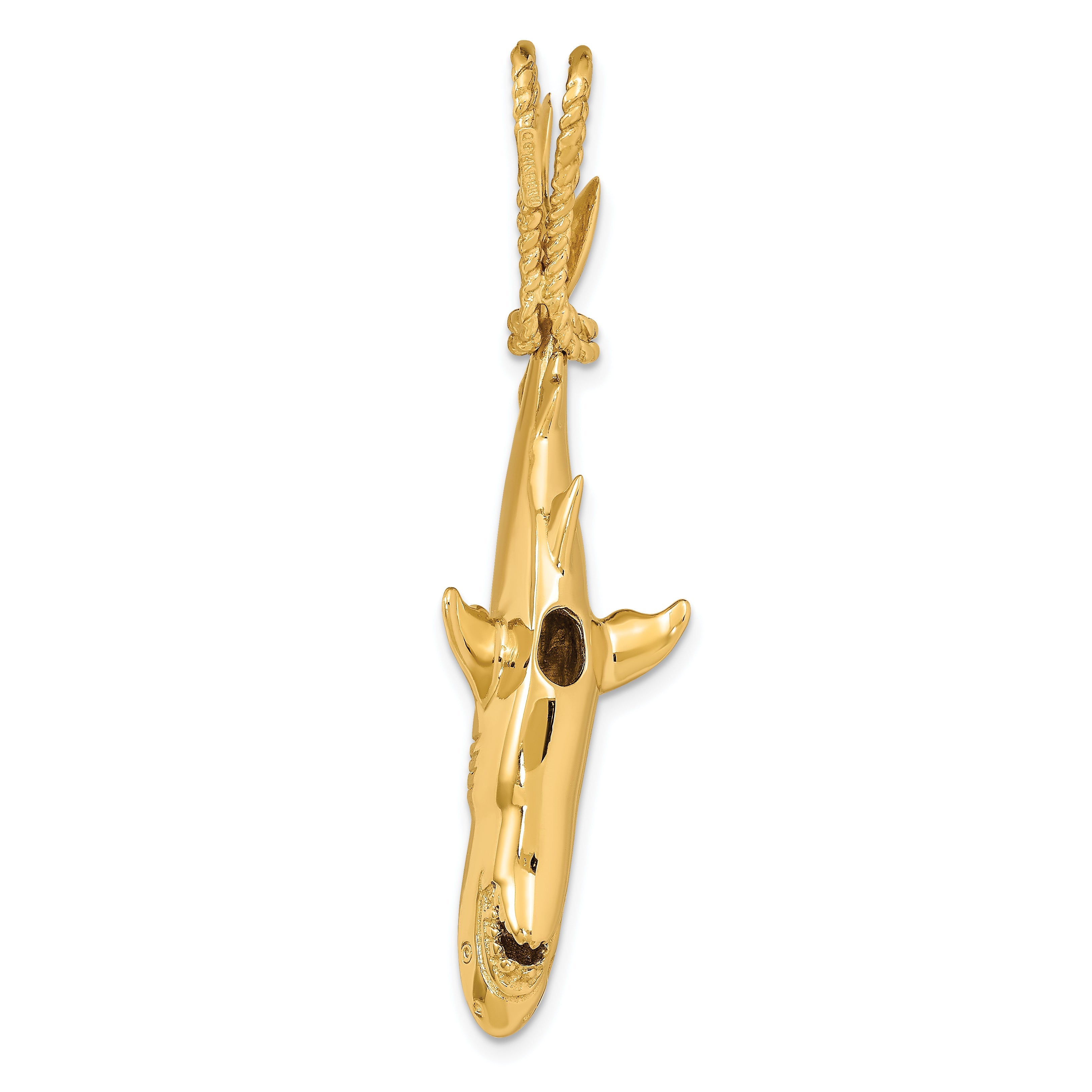 14K Yellow Gold Hollow Polished 3-D Hanging Shark Pendant