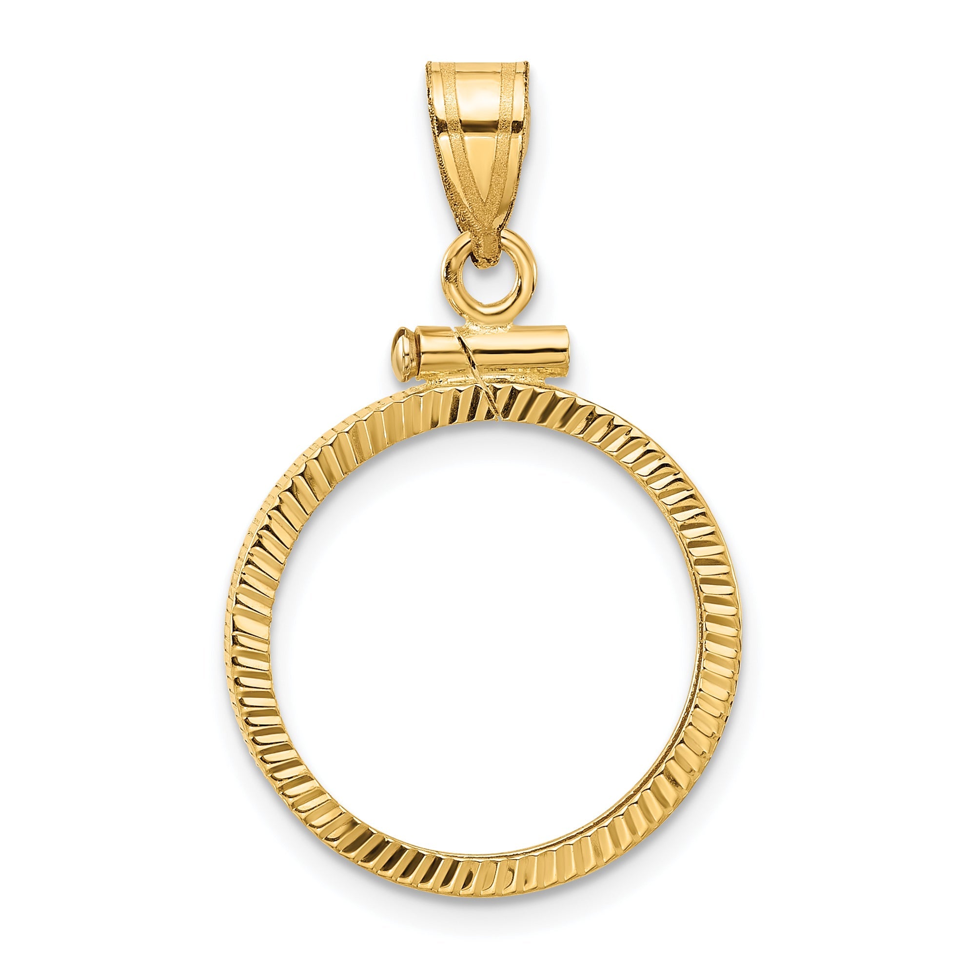 14K Yellow Gold Wideband Distinguished Coin Jewelry Polished And Diamond-Cut 17.8mm X 1.35mm Screw Top Bezel Pendant