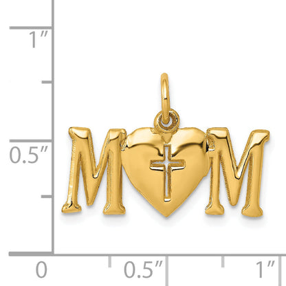 14K Yellow Gold Polished Mom With Cross Charm