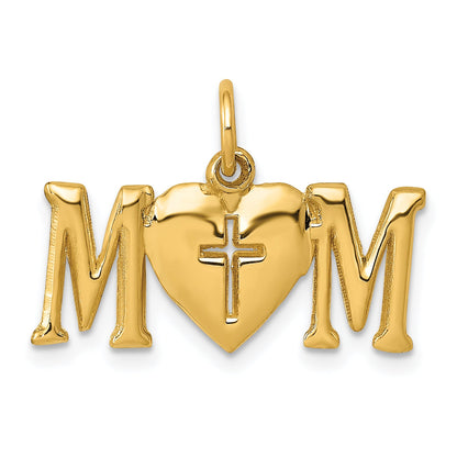 14K Yellow Gold Polished Mom With Cross Charm