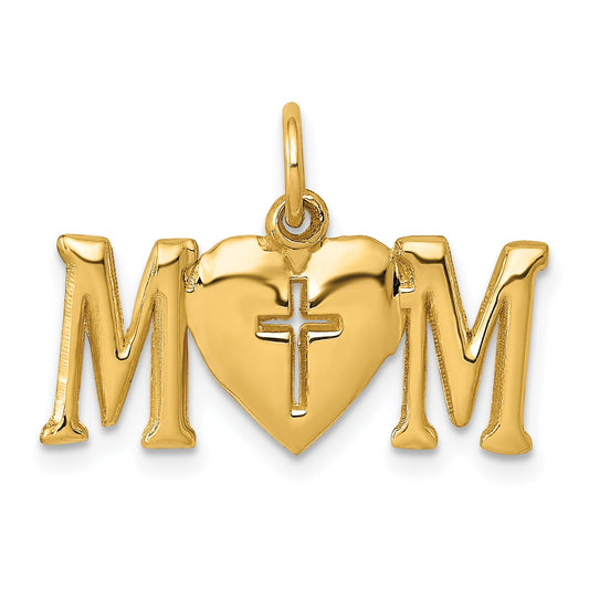 14K Yellow Gold Polished Mom With Cross Charm
