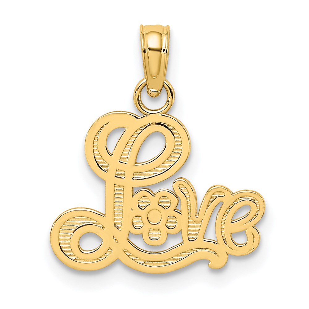 14K Yellow Gold Love Script With Flower Charm