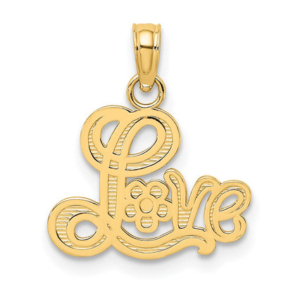 14K Yellow Gold Love Script With Flower Charm