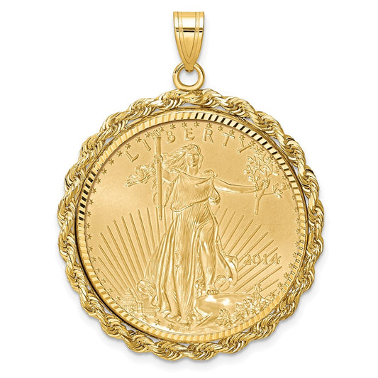 10K Yellow Gold Wideband Distinguished Coin Jewelry Polished And Diamond-Cut With Rope Edge Mounted 1/2Oz American Eagle Prong Bezel Pendant