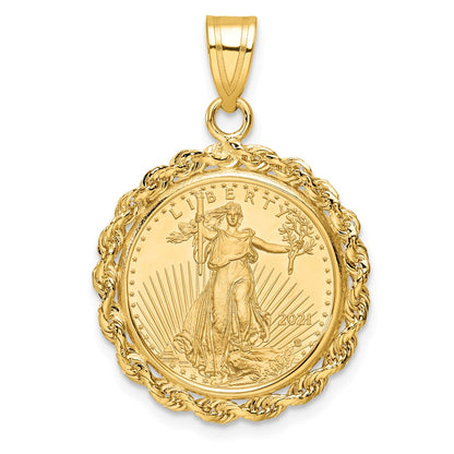 10K Yellow Gold Wideband Distinguished Coin Jewelry Polished Rope Mounted 1/10Oz American Eagle Prong Bezel Pendant