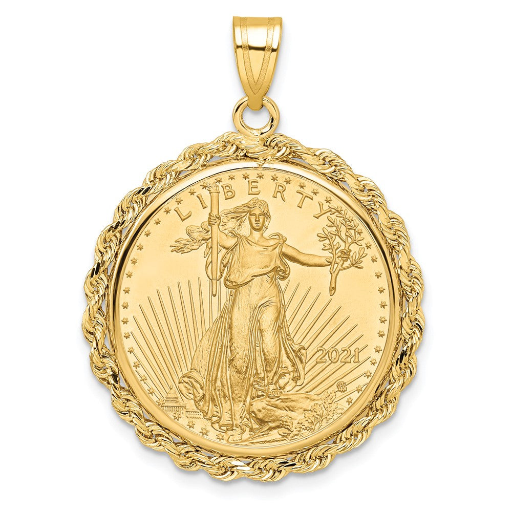 10K Yellow Gold Wideband Distinguished Coin Jewelry Polished Rope Mounted 1/4Oz American Eagle Prong Bezel Pendant