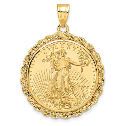 10K Yellow Gold Wideband Distinguished Coin Jewelry Polished Rope Mounted 1/4Oz American Eagle Prong Bezel Pendant
