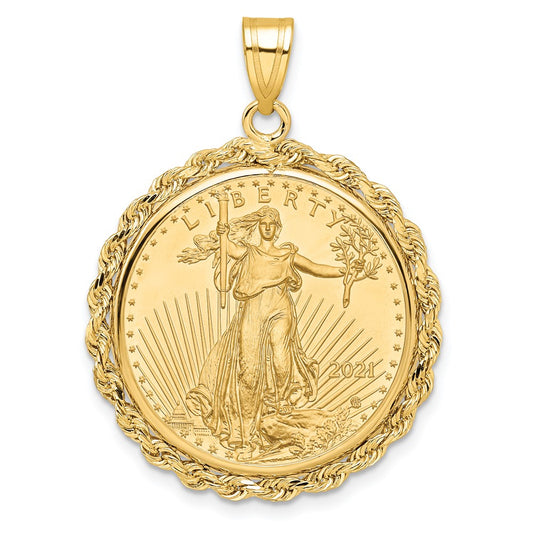 10K Yellow Gold Wideband Distinguished Coin Jewelry Polished Rope Mounted 1/4Oz American Eagle Prong Bezel Pendant