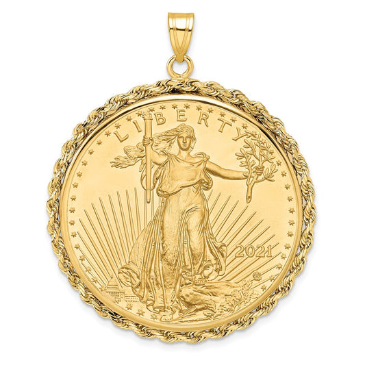 10K Yellow Gold Wideband Distinguished Coin Jewelry Polished Rope Mounted 1Oz American Eagle Prong Bezel Pendant