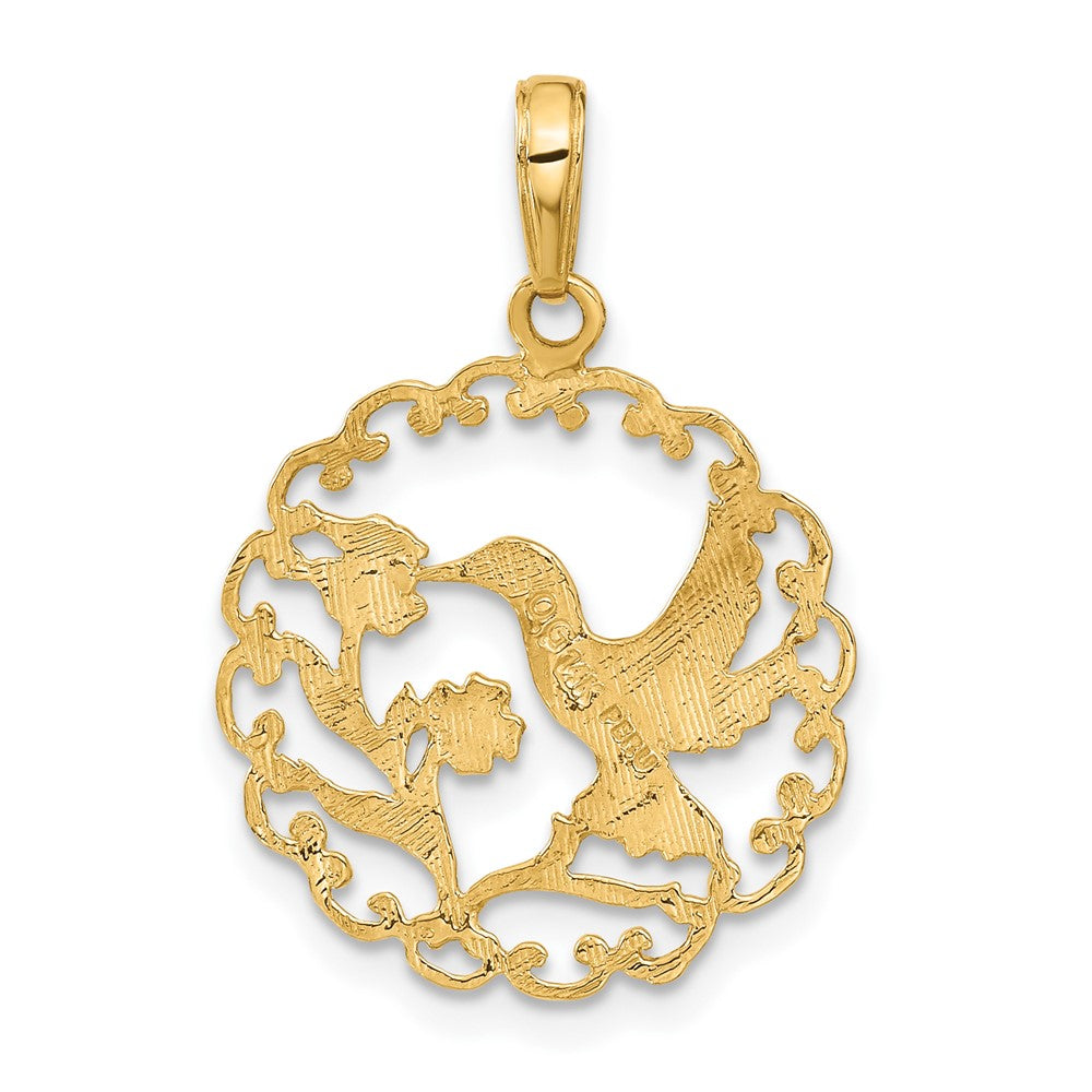 14K Yellow Gold Hummingbird In Round Frame Pendant