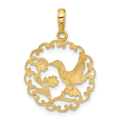 14K Yellow Gold Hummingbird In Round Frame Pendant