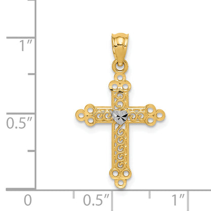 14K Yellow & Rhodium W/Rhodium Budded Cross Pendant