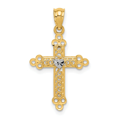 14K Yellow & Rhodium W/Rhodium Budded Cross Pendant