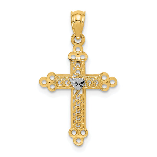 14K Yellow & Rhodium W/Rhodium Budded Cross Pendant