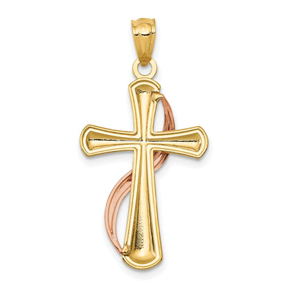 14K Two-Tone Polished Cross W/Drape Pendant