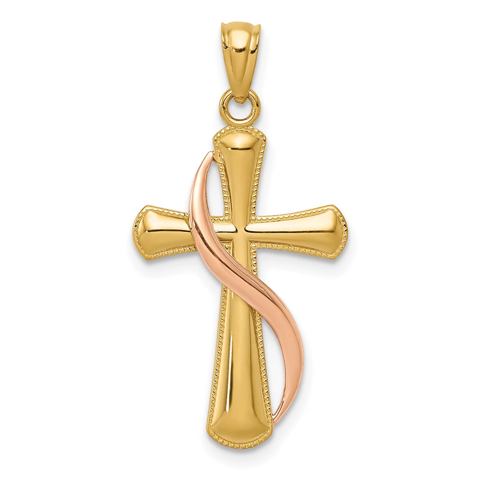 14K Two-Tone Polished Cross W/Drape Pendant
