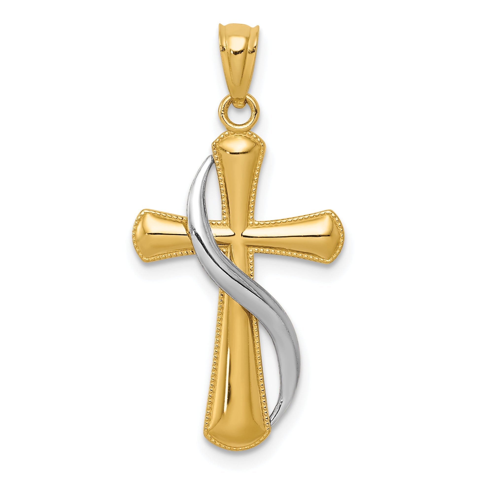 14K Two-Tone Polished Cross W/Drape Pendant