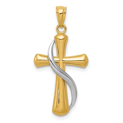 14K Two-Tone Polished Cross W/Drape Pendant
