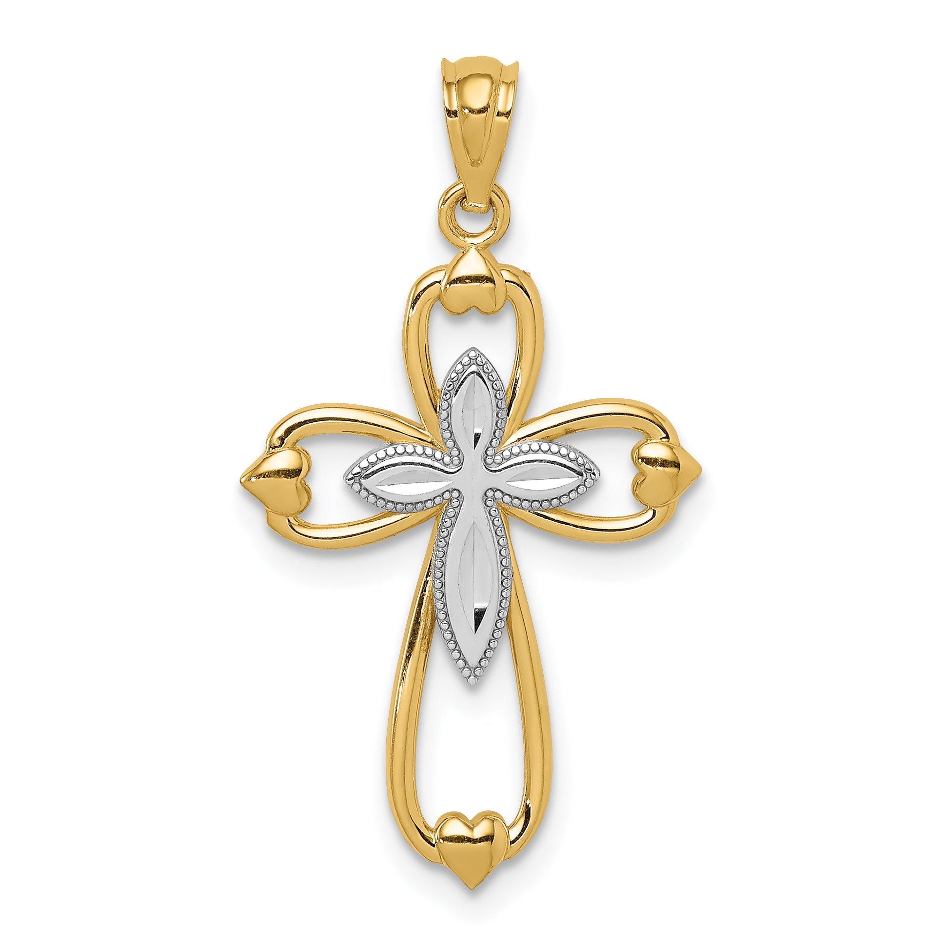14K Yellow & Rhodium W/Rhodium Diamond-Cut Cross Pendant