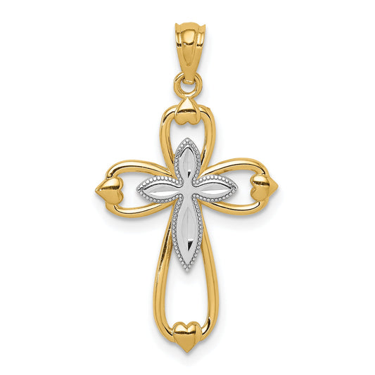 14K Yellow & Rhodium W/Rhodium Diamond-Cut Cross Pendant