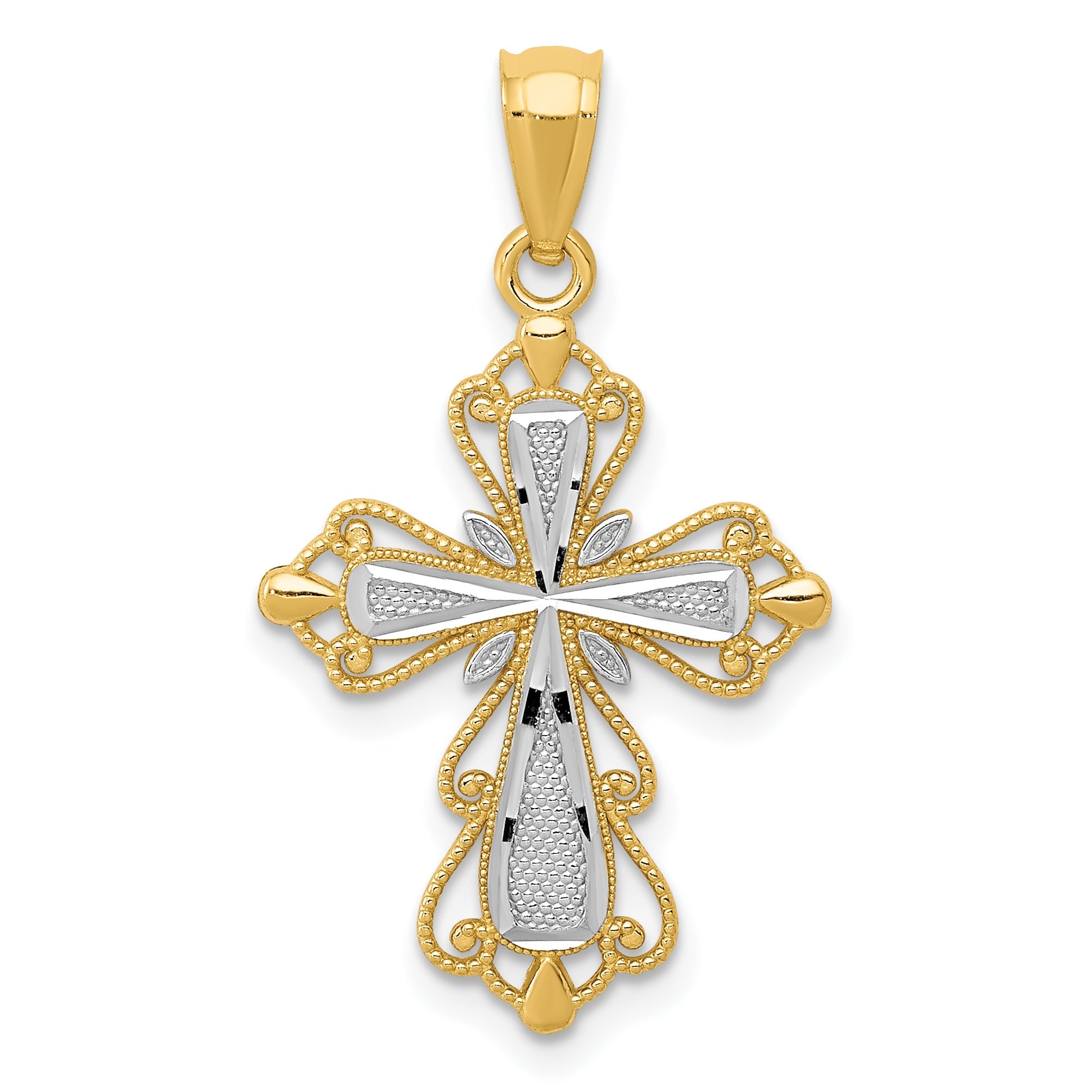 14K Yellow & Rhodium W/Rhodium Diamond-Cut Cross Pendant