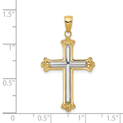 14K Yellow & Rhodium W/Rhodium Budded Cross Frame Pendant