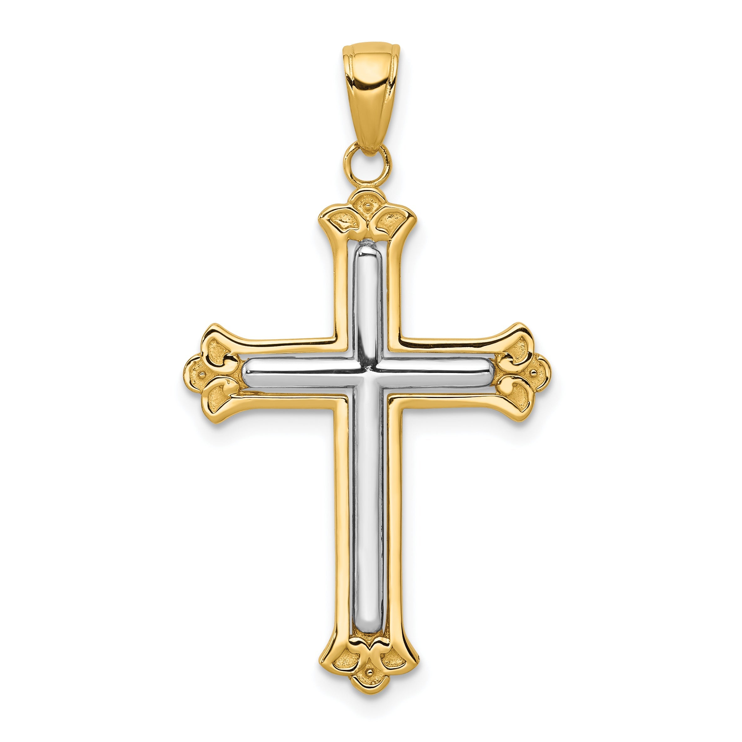 14K Yellow & Rhodium W/Rhodium Budded Cross Frame Pendant