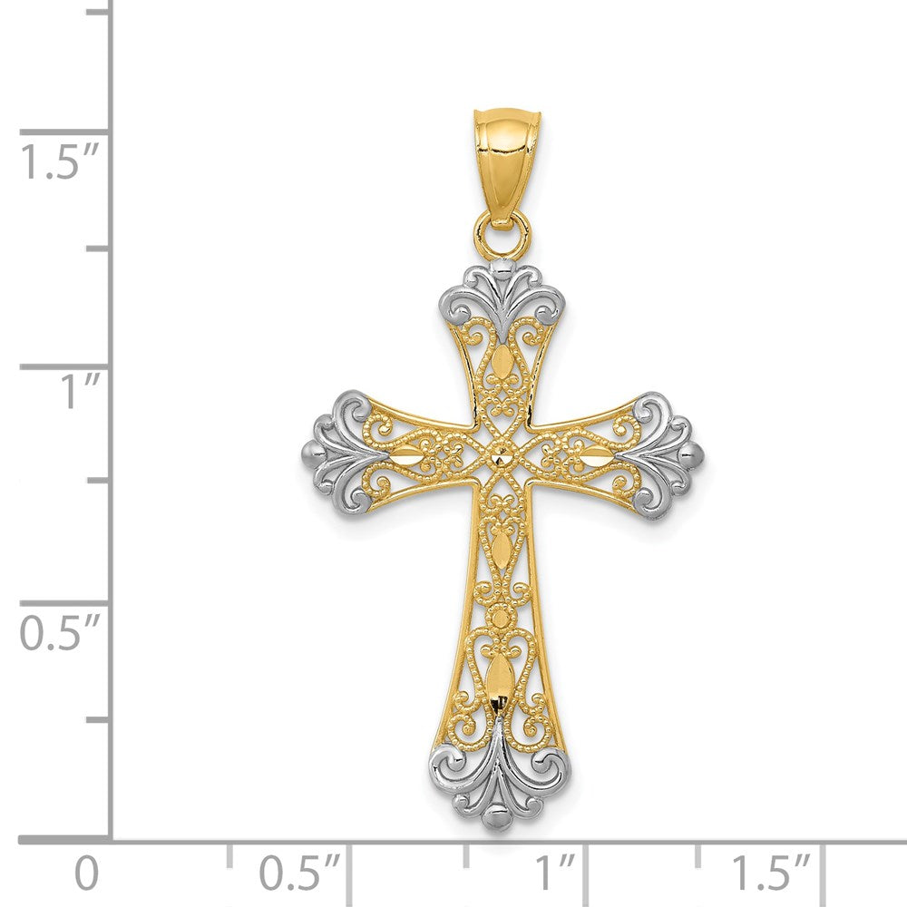 14K Yellow & Rhodium W/Rhodium Diamond-Cut Cross Pendant