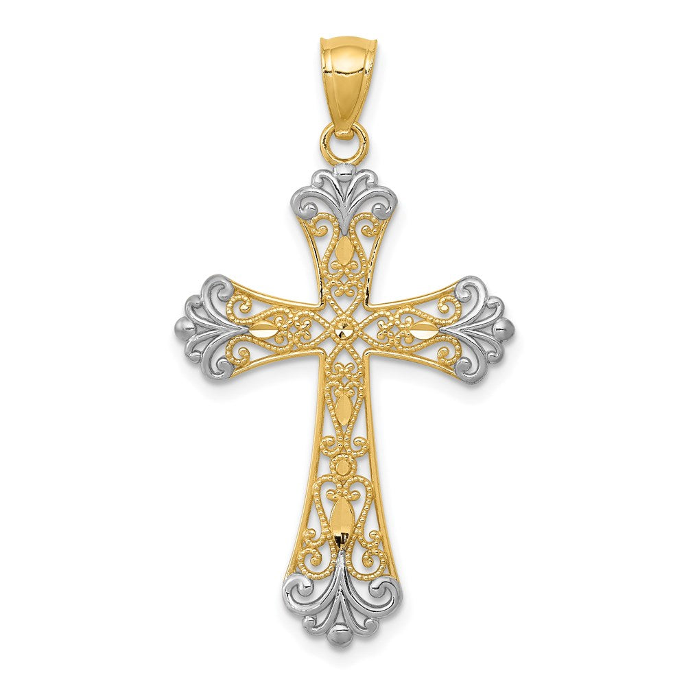 14K Yellow & Rhodium W/Rhodium Diamond-Cut Cross Pendant