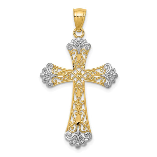 14K Yellow & Rhodium W/Rhodium Diamond-Cut Cross Pendant