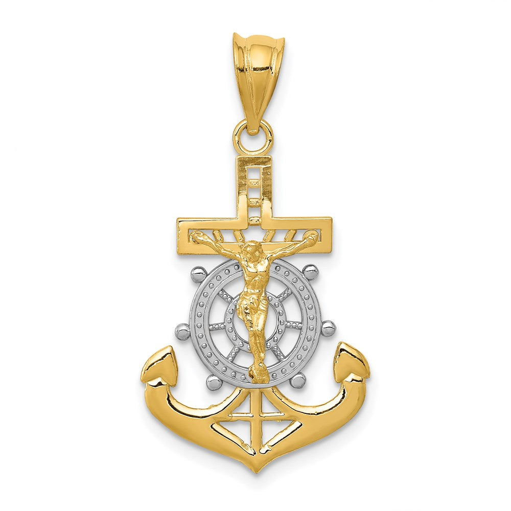 14K Yellow & Rhodium W/Rhodium Diamond-Cut Mariners Cross Pendant