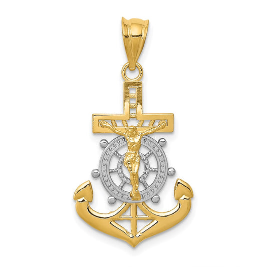 14K Yellow & Rhodium W/Rhodium Diamond-Cut Mariners Cross Pendant