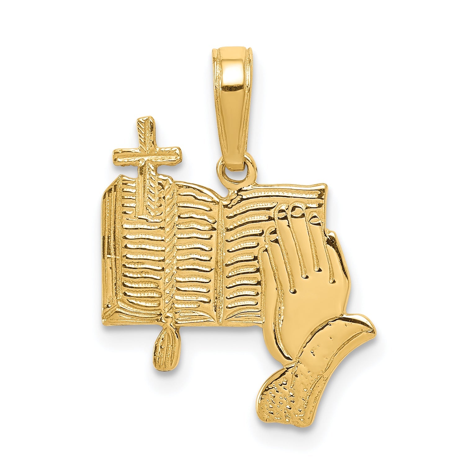 14K Yellow Gold Bible, Praying Hands, And Cross Pendant
