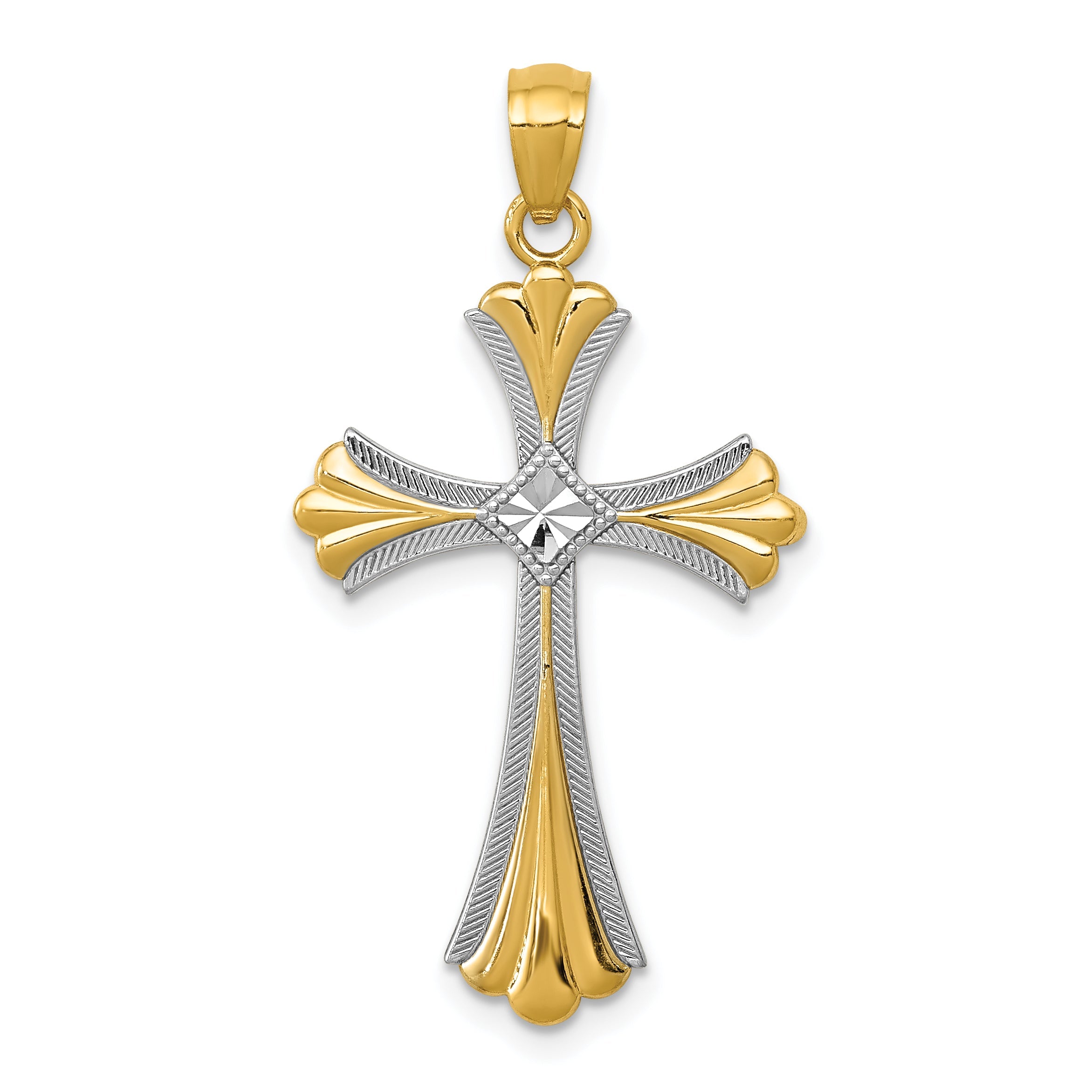 14K Yellow & Rhodium Diamond-Cut Budded Cross Pendant