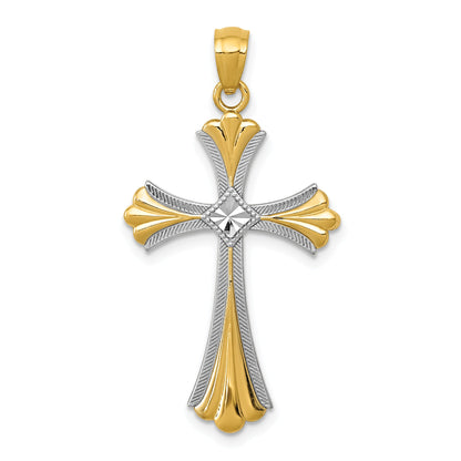 14K Yellow & Rhodium Diamond-Cut Budded Cross Pendant