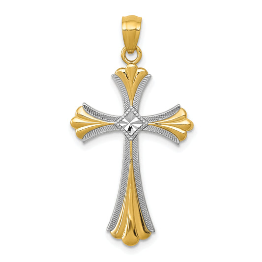 14K Yellow & Rhodium Diamond-Cut Budded Cross Pendant