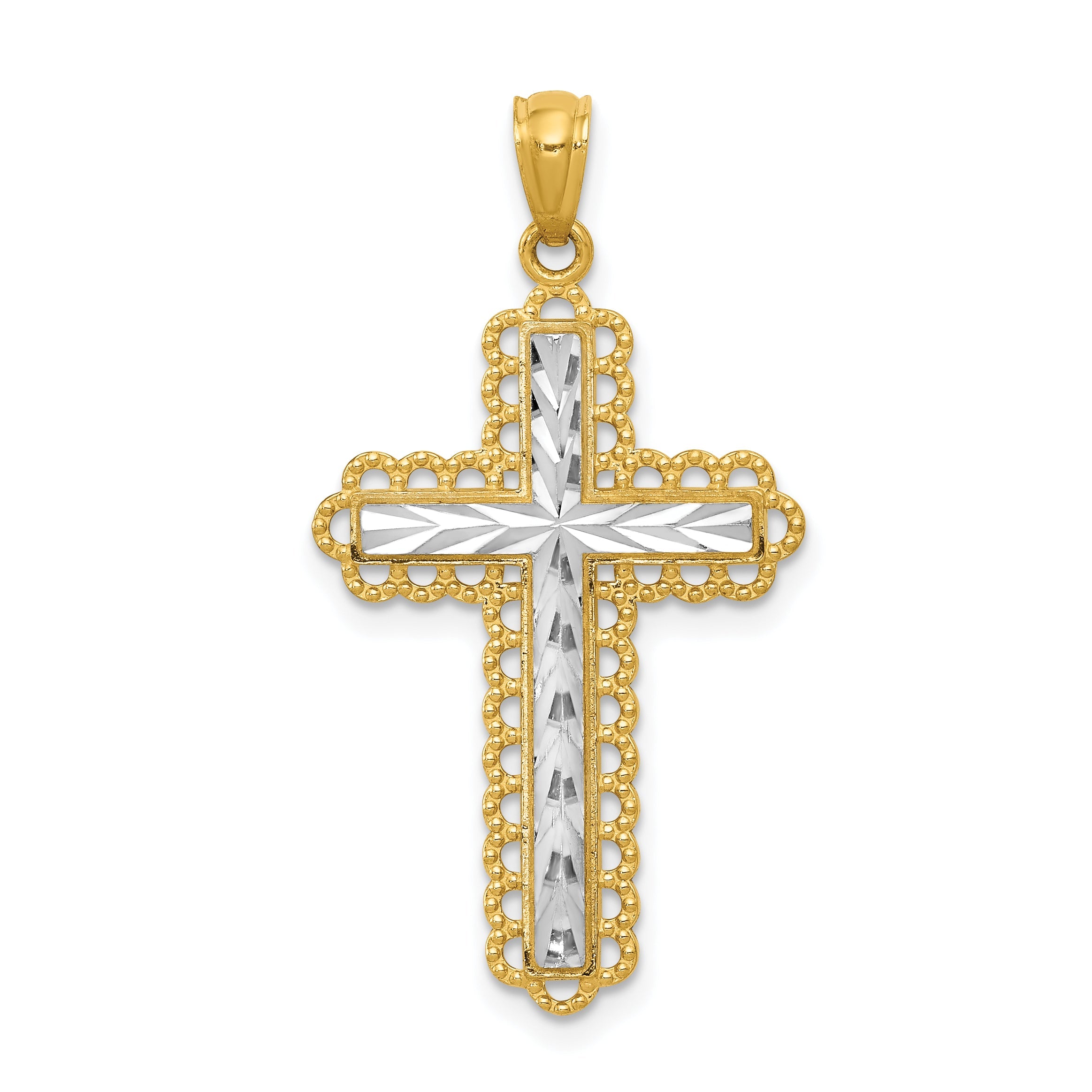 14K Yellow & Rhodium Gold W/Rhodium Diamond Cut Cross Pendant