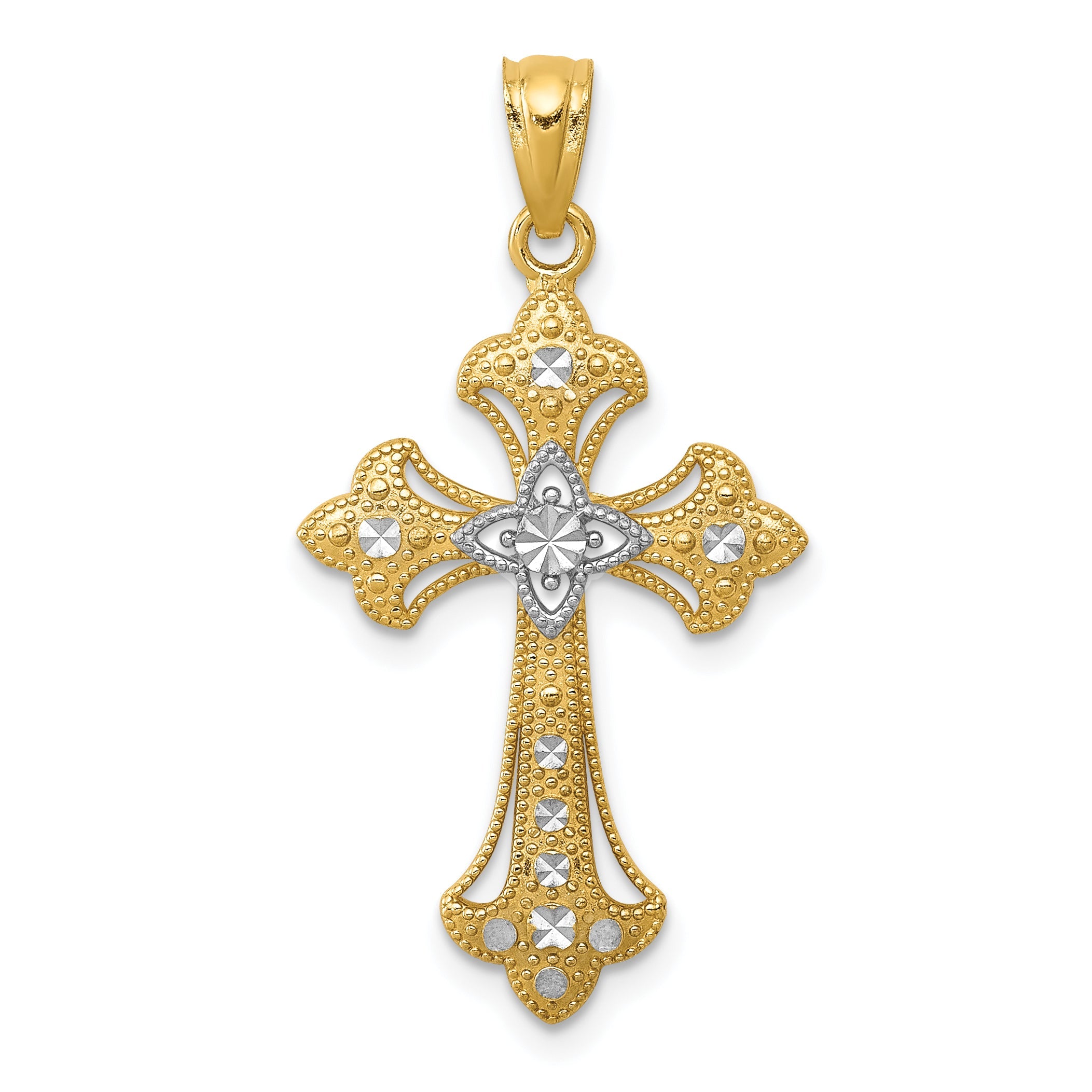 14K Yellow & Rhodium W/Rhodium Diamond-Cut Cross Pendant