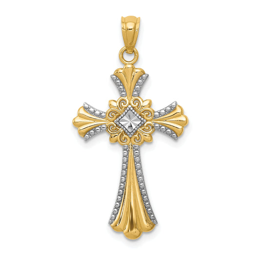14K Yellow & Rhodium W/Rhodium Diamond-Cut Cross Pendant