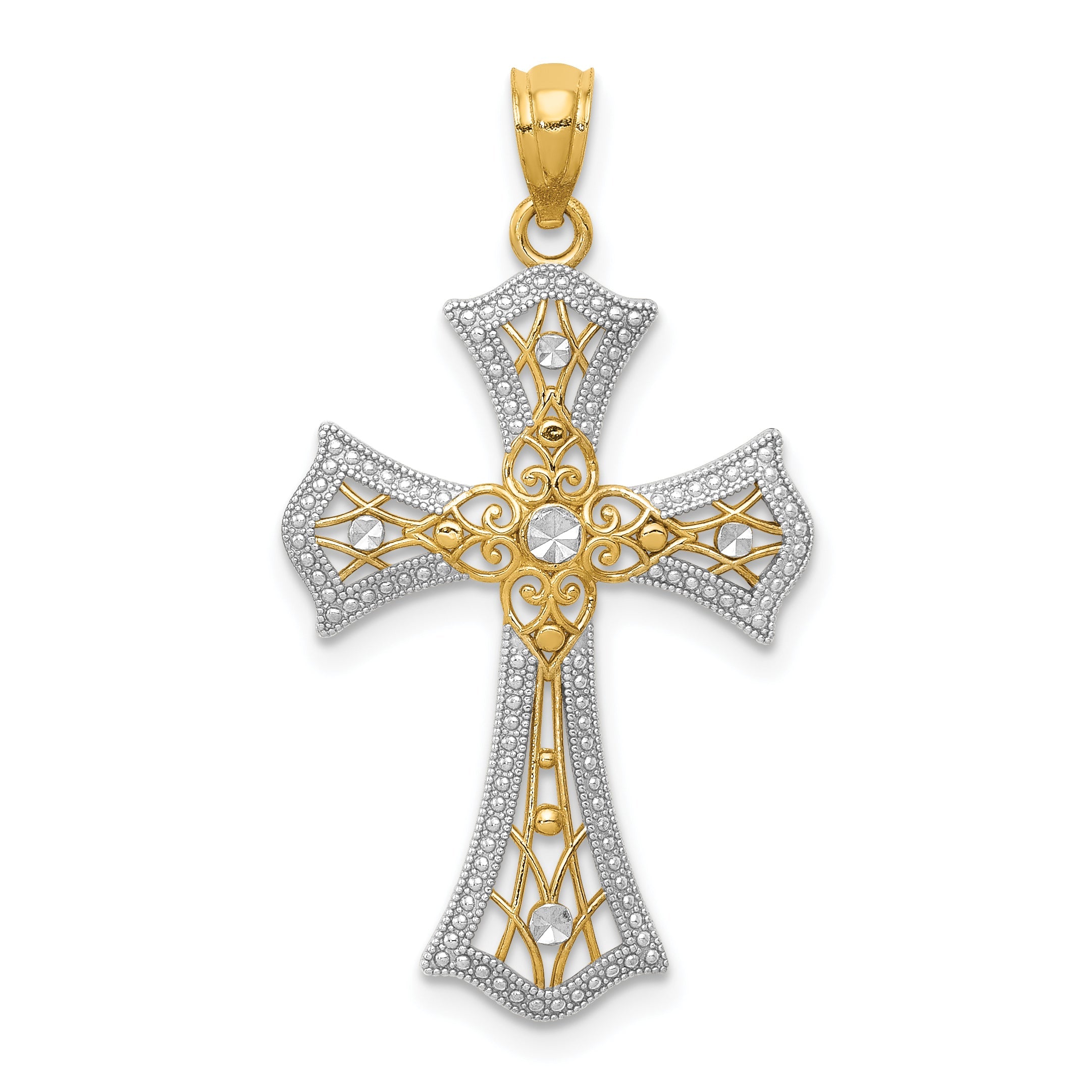 14K Yellow & Rhodium W/Rhodium Diamond-Cut Cross Pendant