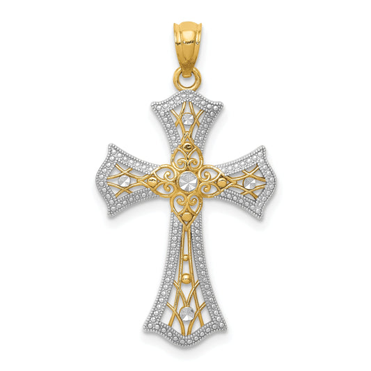 14K Yellow & Rhodium W/Rhodium Diamond-Cut Cross Pendant