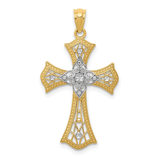 14K Yellow & Rhodium W/Rhodium Diamond-Cut Cross Pendant