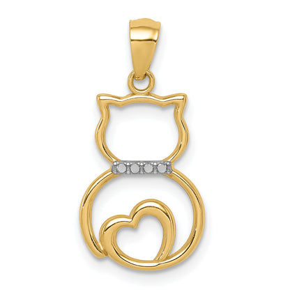 14K Yellow & Rhodium White Diamond-Cut Sitting Cat Pendant