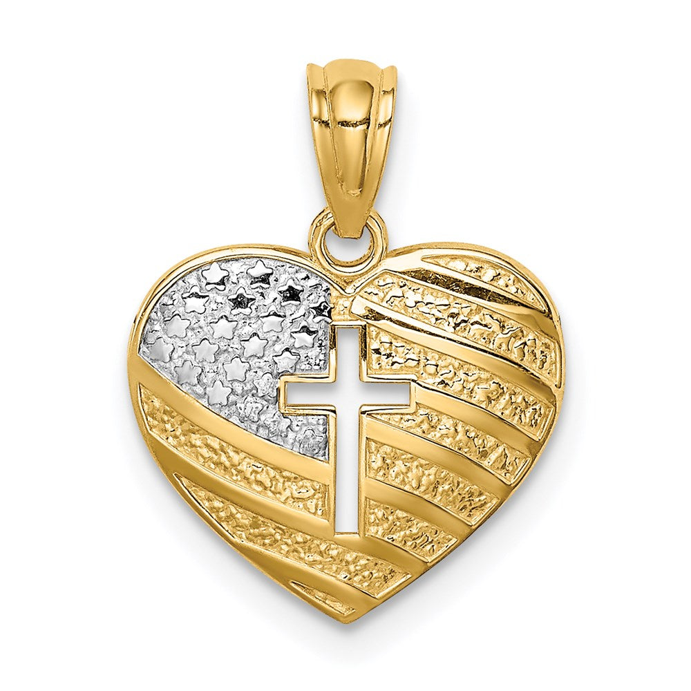 14K Yellow & Rhodium W/Rhodium Us Flag With Cross Heart Pendant